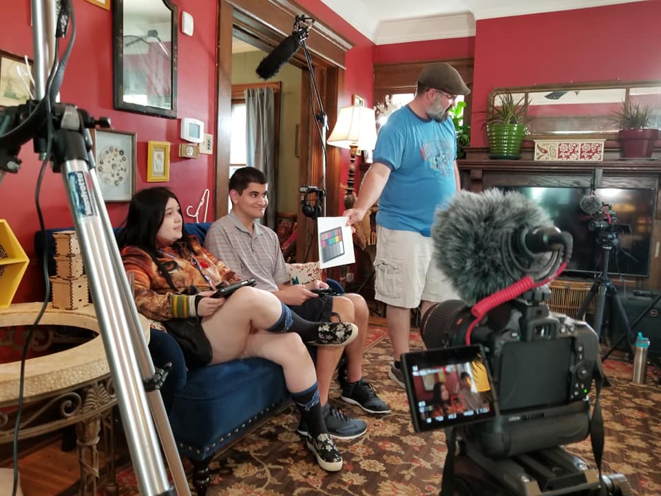 Image from the set of Those Who Spring of Me.  In the scene are Kelsea Cherry, PJ Gilmore, and Matt Swift.  Swift is color testing the cameras.