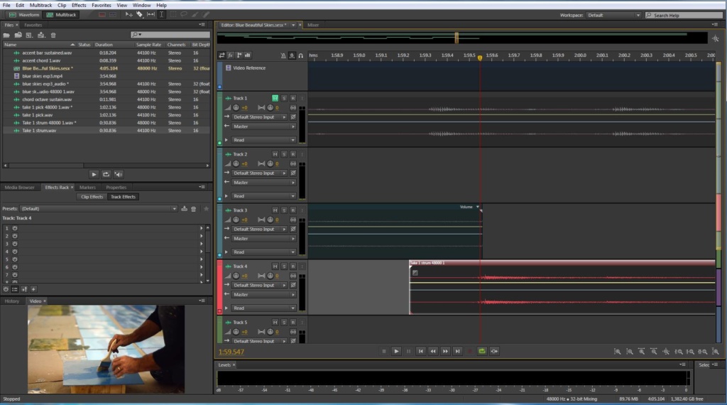 Graphic of Audition audio editing software with an in progress project.