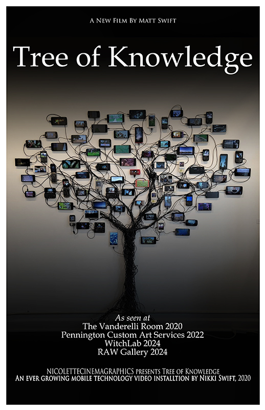 Poster of Nikki Swift's Tree of Knowledge cell phone video sculpture installation.